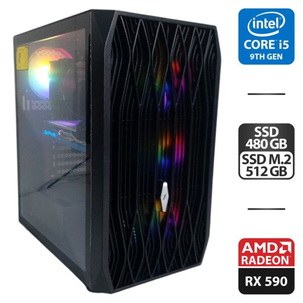 Ігровй ПК 1stPlayer Ariya AY7 Tower / Intel Core i5-9400 (6 ядер по 2.9 - 4.1 GHz) / 16 GB DDR4 / 480 GB SSD + 512 GB SSD M.2 / AMD Radeon RX 590, 8 GB GDDR5, 256-bit / 500W + Кабелі DVI та живлення