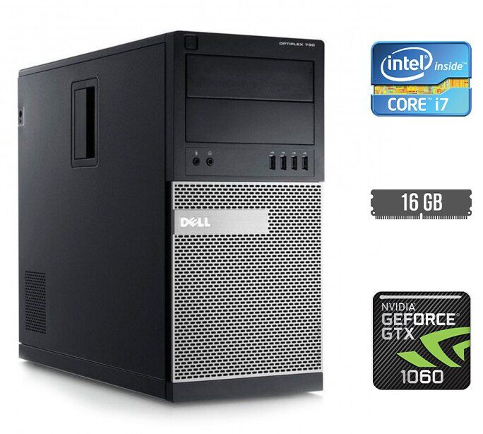 Ігровий ПК Dell OptiPlex 790 Tower / Intel Core i7-2600 (4 (8) ядра по 3.4 - 3.8 GHz) / 16 GB DDR3 / 120 GB SSD + 500 GB HDD / nVidia GeForce GTX 1060, 6 GB GDDR5, 192-bit