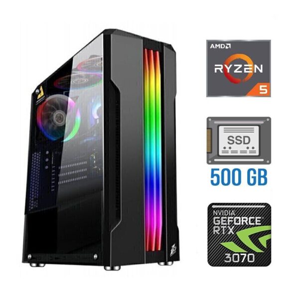 Ігровий ПК Tower / AMD Ryzen 5 5500 (6 (12) ядер по 3.6 - 4.2 GHz) / 16 GB DDR4 / 500 GB SSD / nVidia GeForce RTX 3070, 8 GB GDDR6, 256-bit / 600W