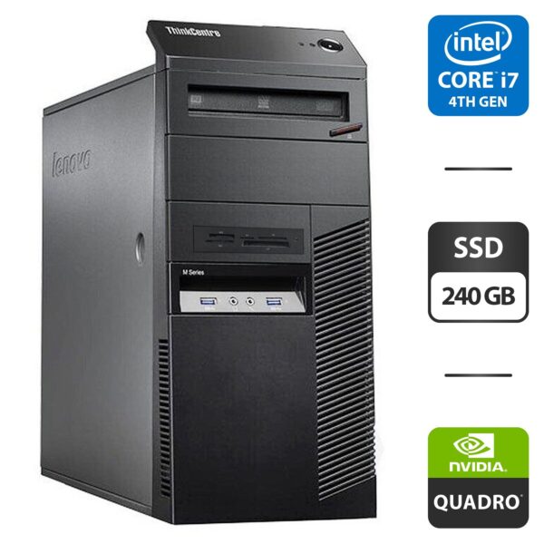 Комп'ютер Б-клас Lenovo ThinkCentre M83 Tower / Intel Core i7-4770 (4 (8) ядра по 3.4 - 3.9 GHz) / 16 GB DDR3 / 240 GB SSD / nVidia Quadro 600, 1 GB GDDR3, 128-bit / DVD-ROM / 280W
