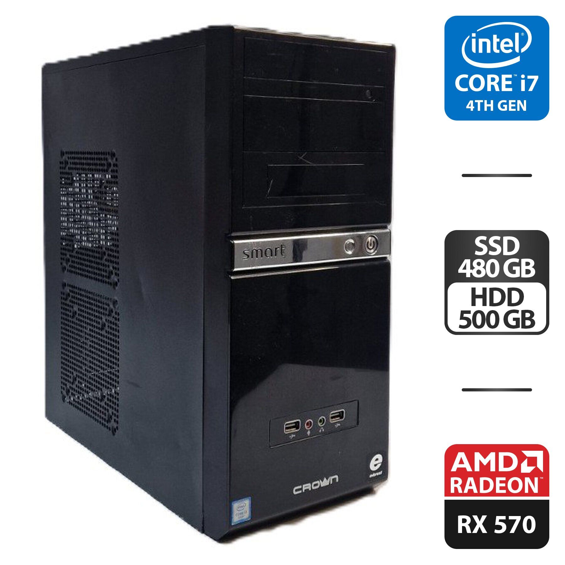 Комп'ютер Crown SM601 Black Tower / Intel Core i7-4790S (4 (8) ядра по 3.2 - 4.0 GHz) / 16 GB DDR3 / 480 GB SSD + 500 GB HDD / AMD Radeon RX 570, 4 GB GDDR5, 256-bit / 500W