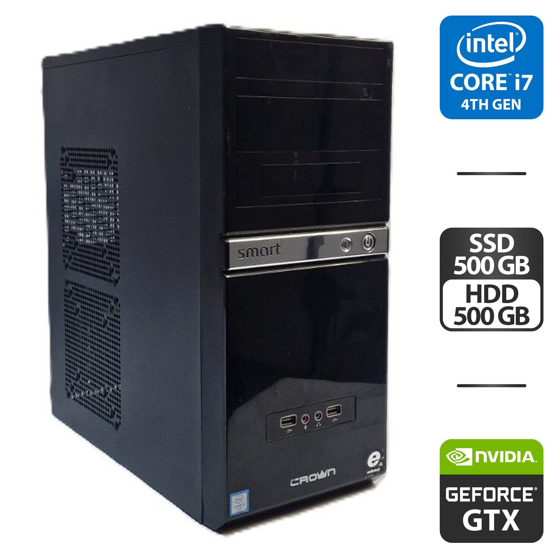 Комп'ютер Crown SM601 Black Tower / Intel Core i7-4790S (4 (8) ядра по 3.2 - 4.0 GHz) / 16 GB DDR3 / 500 GB SSD + 500 GB HDD / nVidia GeForce GTX 1060, 6 GB GDDR5, 192-bit / 400W