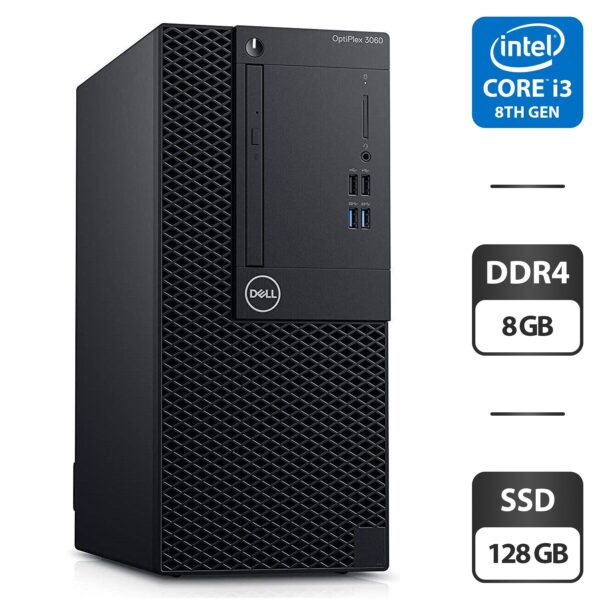 Комп'ютер Dell OptiPlex 3060 Tower / Intel Core i3-8100 (4 ядра по 3.6 GHz) / 8 GB DDR4 / 128 GB SSD / Intel UHD Graphics 630 / DVD-ROM