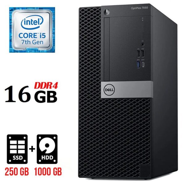 Комп'ютер Dell OptiPlex 7050 Tower / Intel Core i5-7500 (4 ядра по 3.4 - 3.8 GHz) / 16 GB DDR4 / 250 GB SSD + 1000 GB HDD / Intel HD Graphics 630