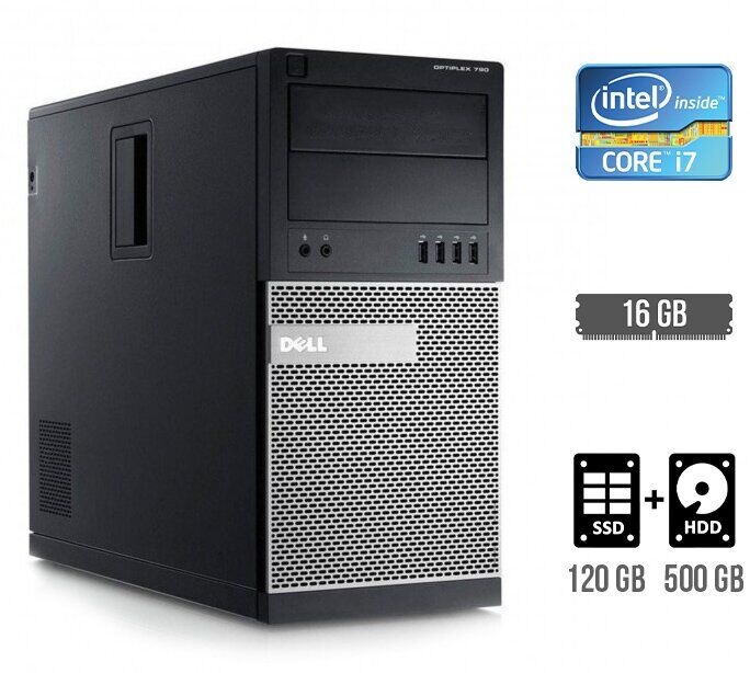 Комп'ютер Dell OptiPlex 790 Tower / Intel Core i7-2600 (4 (8) ядра по 3.4 - 3.8 GHz) / 16 GB DDR3 / 120 GB SSD + 500 GB HDD / Intel HD Graphics 2000
