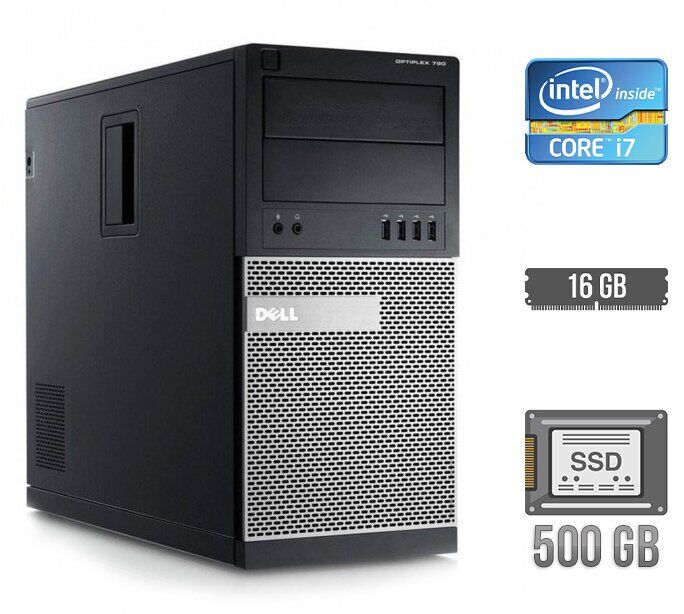 Комп'ютер Dell OptiPlex 790 Tower / Intel Core i7-2600 (4 (8) ядра по 3.4 - 3.8 GHz) / 16 GB DDR3 / 500 GB SSD / Intel HD Graphics 2000