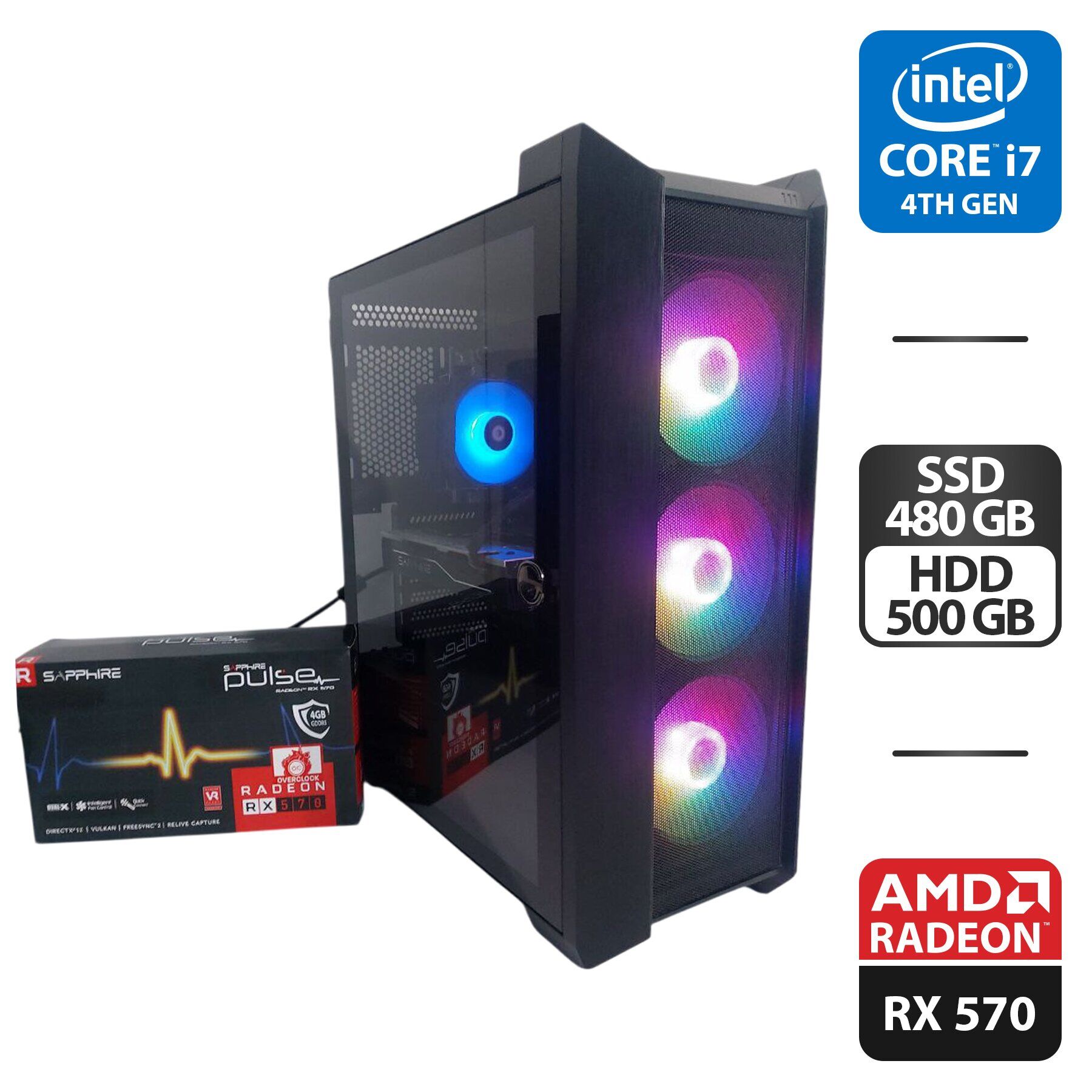 Комп'ютер Frontier Asaro Tower / Intel Core i7-4790 (4 (8) ядра по 3.6 - 4.0 GHz) / 16 GB DDR3 / 480 GB SSD + 500 GB HDD / AMD Radeon RX 570, 4 GB GDDR5, 256-bit / 450W + Кабелі (DVI та живлення)