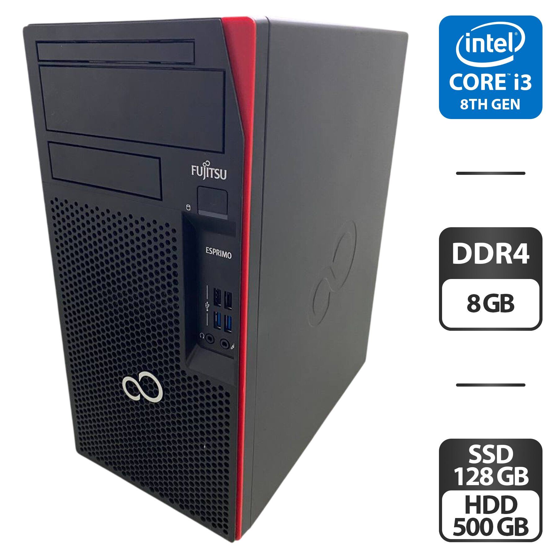 Комп'ютер Fujitsu Esprimo P558 E85 Tower / Intel Core i3-8100 (4 ядер по 3.6 GHz) / 8 GB DDR4 / 128 GB SSD + 500 GB HDD / Intel UHD Graphics 630