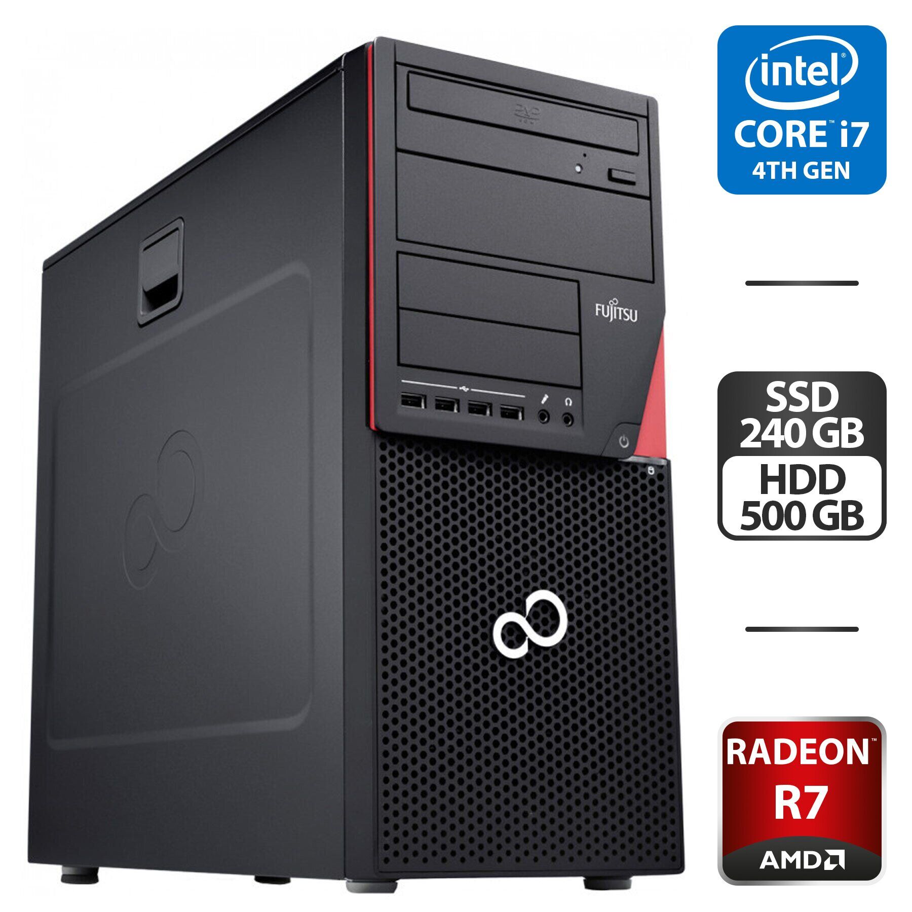 Комп'ютер Fujitsu Esprimo P720 E90 Tower / Intel Core i7-4770 (4 (8) ядра по 3.4 - 3.9 GHz) / 16 GB DDR3 / 240 GB SSD + 500 GB HDD / AMD Radeon R7 240, 2 GB GDDR3, 128-bit