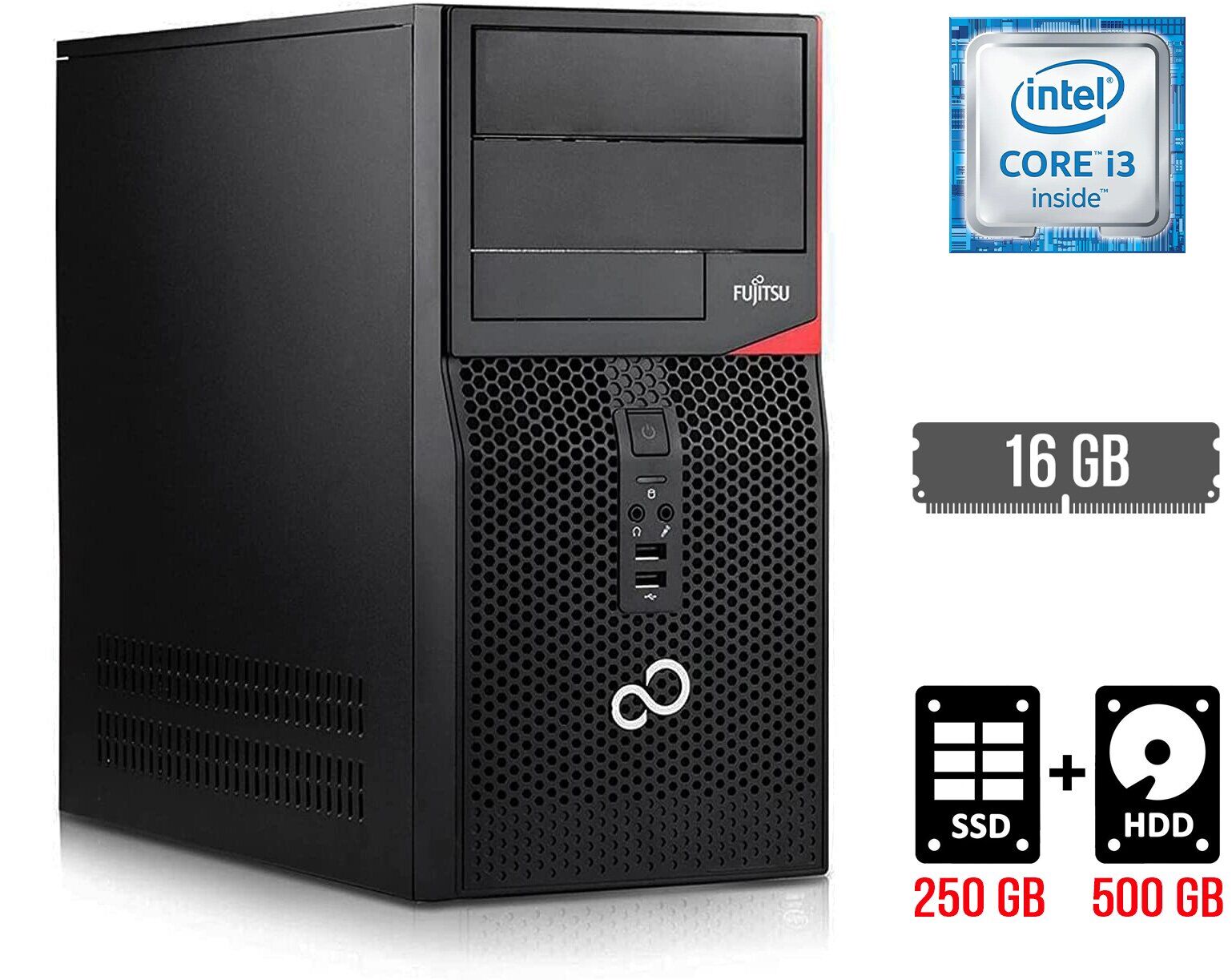 Комп'ютер Fujitsu Tower / Intel Core i3-6100 (2 (4) ядра по 3.7 GHz) / 16 GB DDR4 / 250 GB SSD + 500 GB HDD / Intel HD Graphics 530 / DisplayPort
