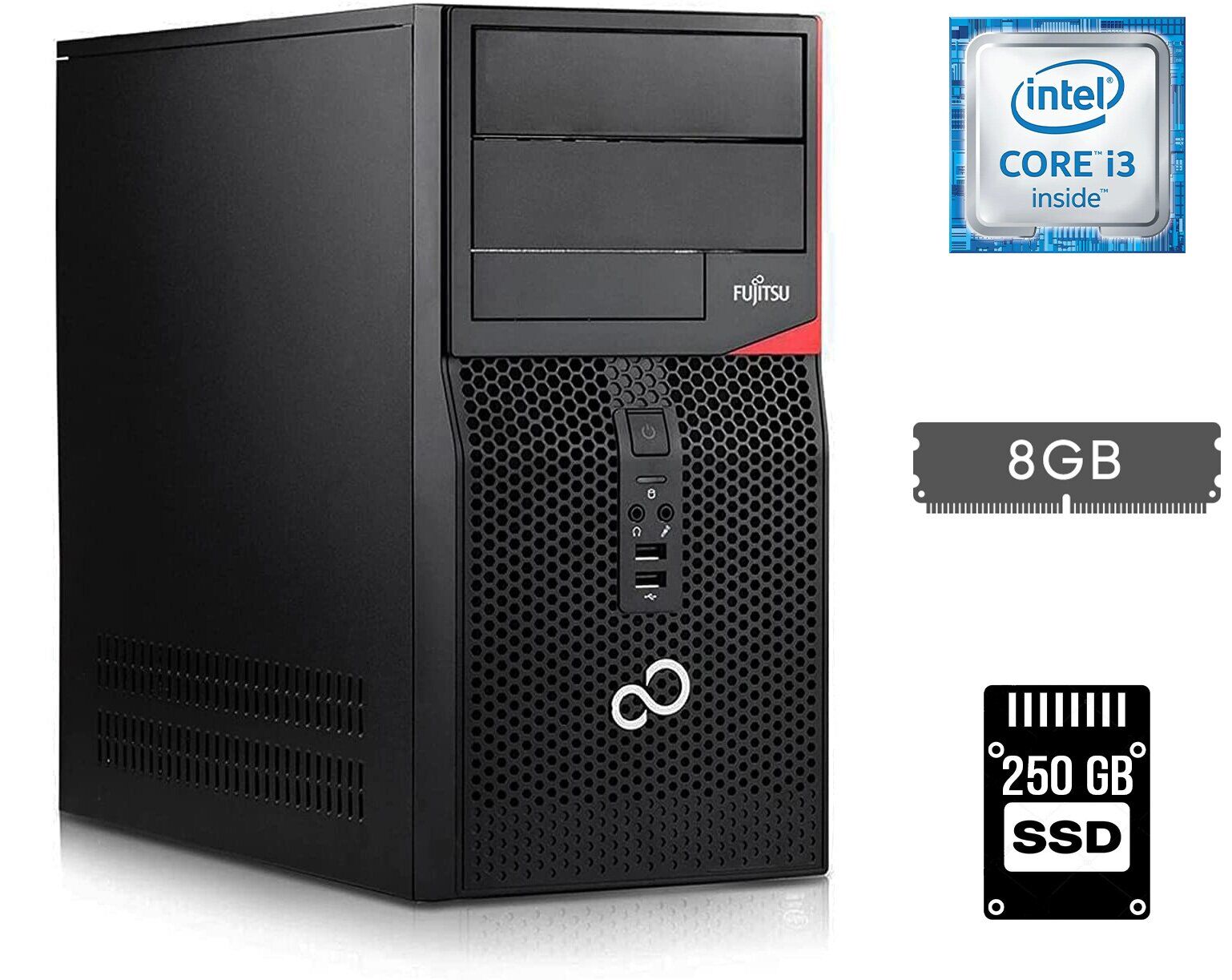 Комп'ютер Fujitsu Tower / Intel Core i3-6100 (2 (4) ядра по 3.7 GHz) / 8 GB DDR4 / 250 GB SSD / Intel HD Graphics 530 / DisplayPort