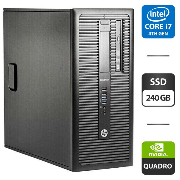 Комп'ютер HP EliteDesk 800 G1 Tower / Intel Core i7-4770 (4 (8) ядра по 3.4 - 3.9 GHz) / 16 GB DDR3 / 240 GB SSD / nVidia Quadro P400, 2 GB GDDR5, 64-bit / DVD-ROM