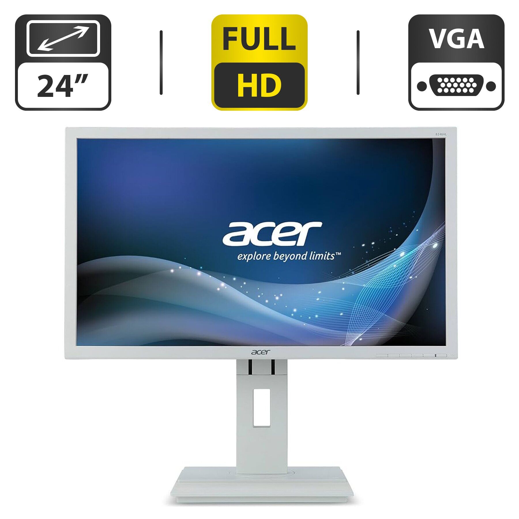 Монітор Acer B246HL / 24" (1920x1080) TN / USB-Hub, VGA, DVI, DispalyPort / Вбудовування колонки 2x 1W / VESA 100x100 + Кабелі (VGA та живлення) в комплекті