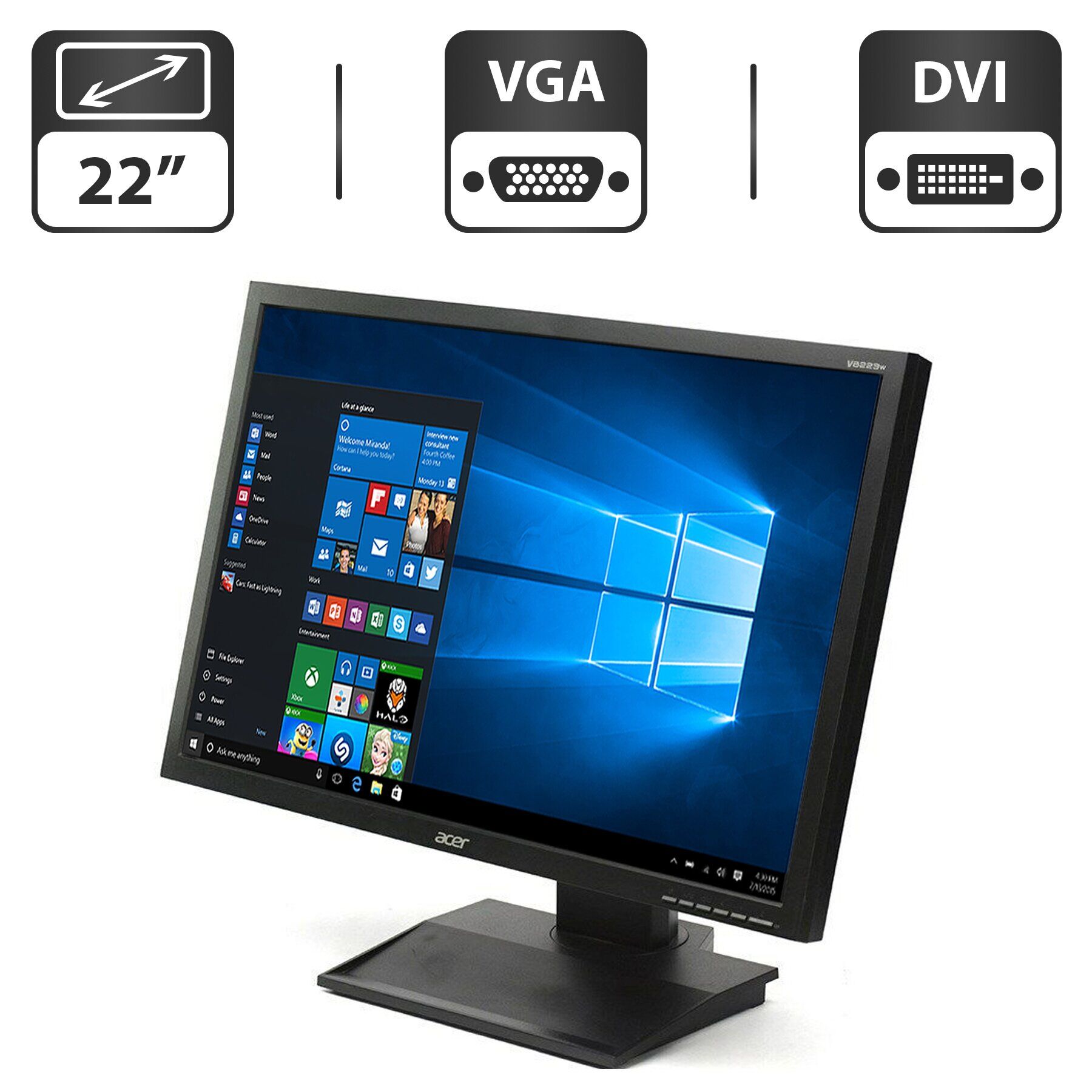Монітор Acer V223W / 22" (1680x1050) TN / VGA, DVI + Кабелі (VGA або DVI на вибір) та живлення