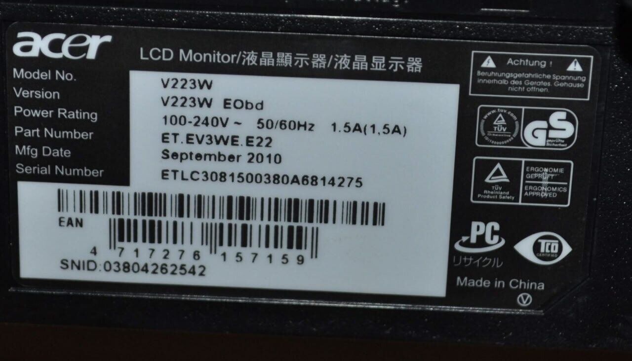 Монітор Acer V223W / 22" (1680x1050) TN / VGA, DVI + Кабелі (VGA або DVI на вибір) та живлення - Зображення 11