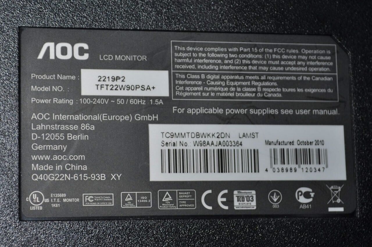 Монітор Б-клас AOC 2219P2 / 22" (1680x1050) TN / VGA, DVI / Вбудовані колонки 2x 1W / VESA 100x100 + Кабелі (VGA або DVI на вибір) та живлення - Зображення 13