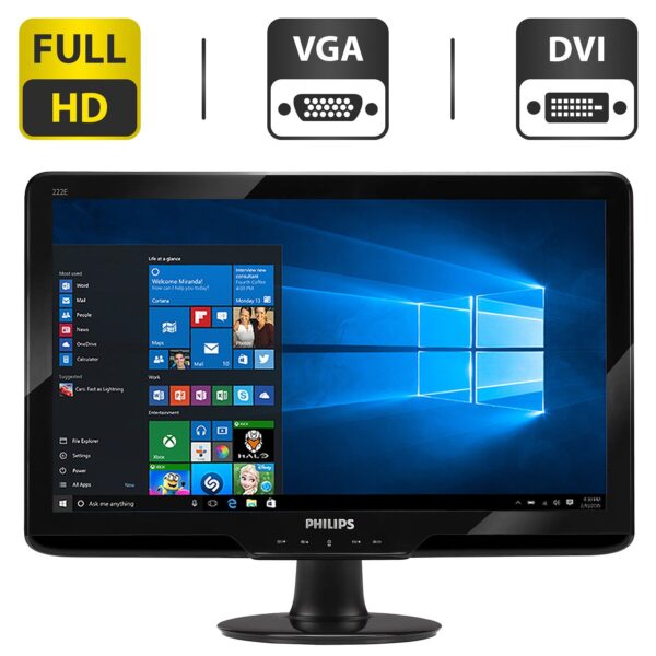 Монітор Philips 222E2SB / 22" (1920x1080) TN / VGA, DVI / VESA 100x100 + Кабель живлення