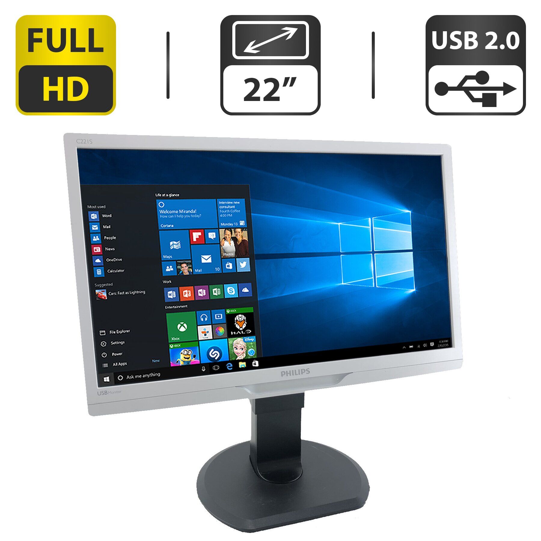 Монітор Philips C221S3UCW / 22" (1920x1080) TN / USB / VESA 100x100 + Кабель живлення