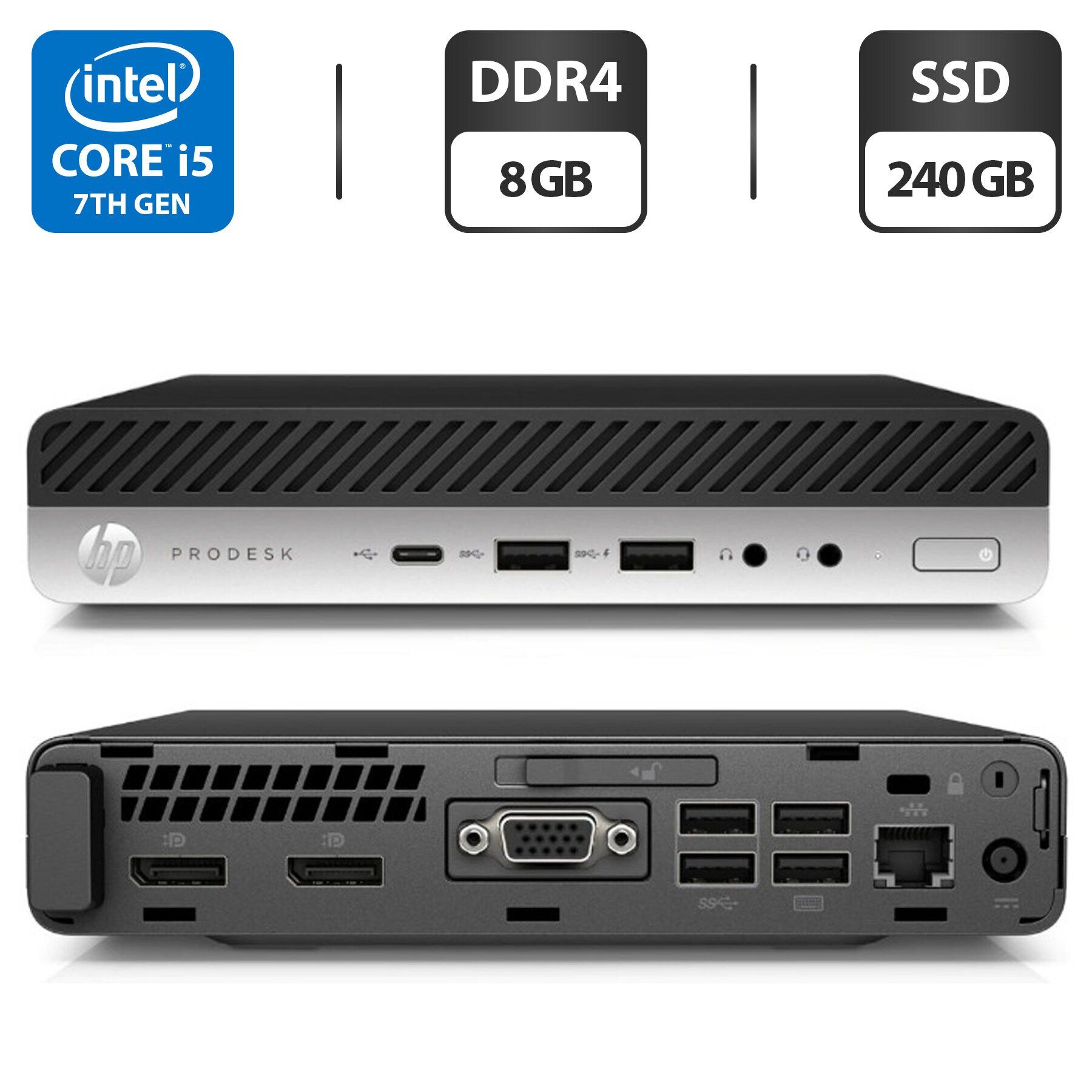 Неттоп Б-клас HP ProDesk 600 G3 Mini PC USFF / Intel Core i5-7500T (4 ядра по 2.7 - 3.3 GHz) / 8 GB DDR4 / 240 GB SSD / Intel HD Graphics 630 / DisplayPort / Блок живлення у комплекті
