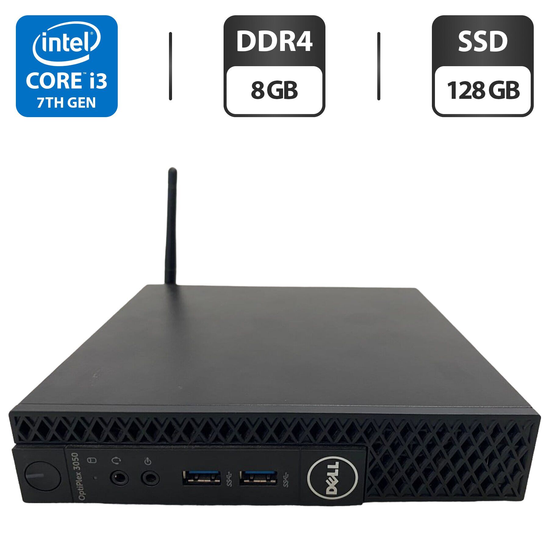 Неттоп Dell OptiPlex 3050 USFF / Intel Core i3-7100T (2 (4) ядра по 3.4 GHz) / 8 GB DDR4 / 128 GB SSD / Intel HD Graphics 630 / Wi-Fi + Блок живлення
