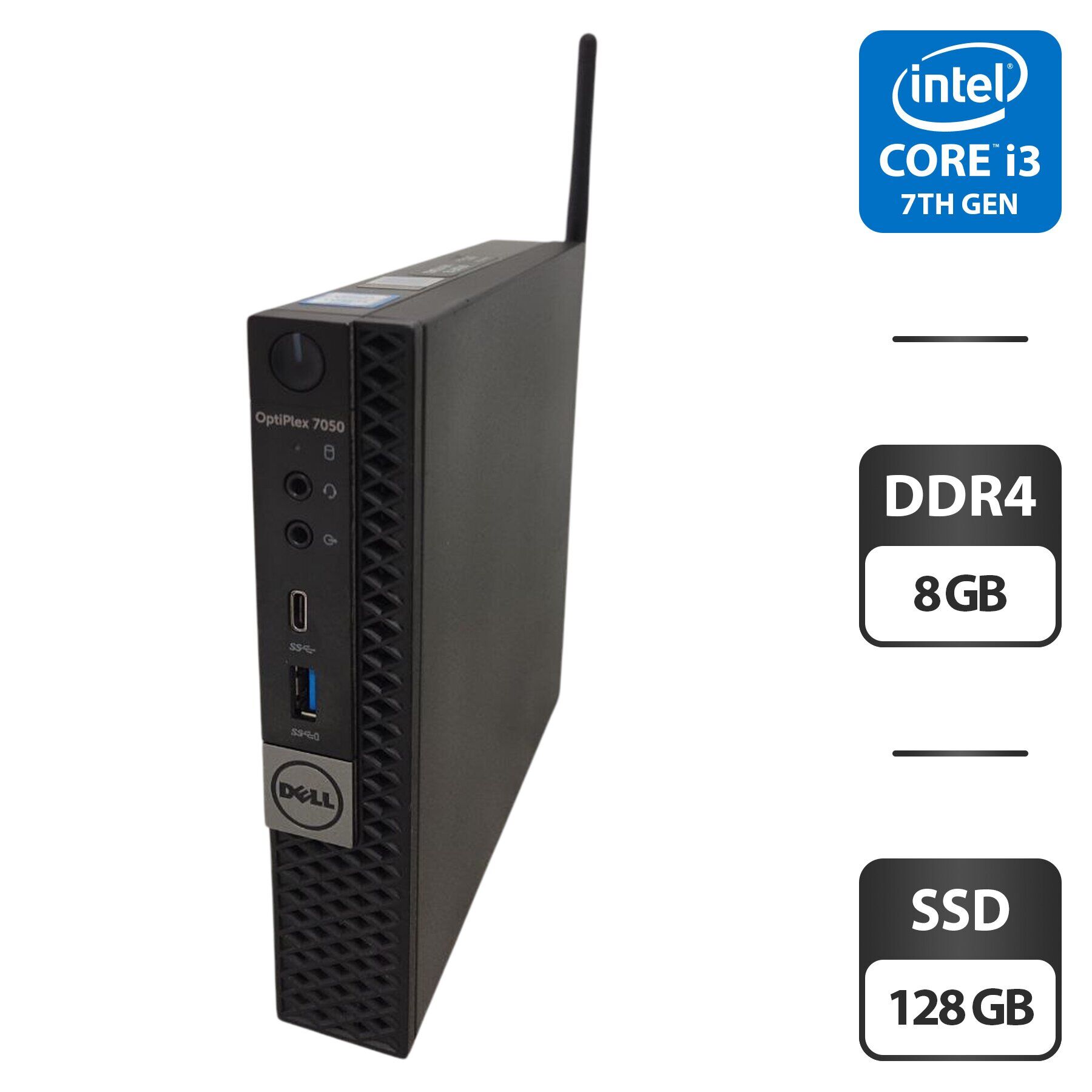Неттоп Dell OptiPlex 7050 Micro USFF / Intel Core i3-7100T (2 (4) ядра по 3.4 GHz) / 8 GB DDR4 / 128 GB SSD / Intel HD Graphics 630 / Wi-Fi + Блок живлення