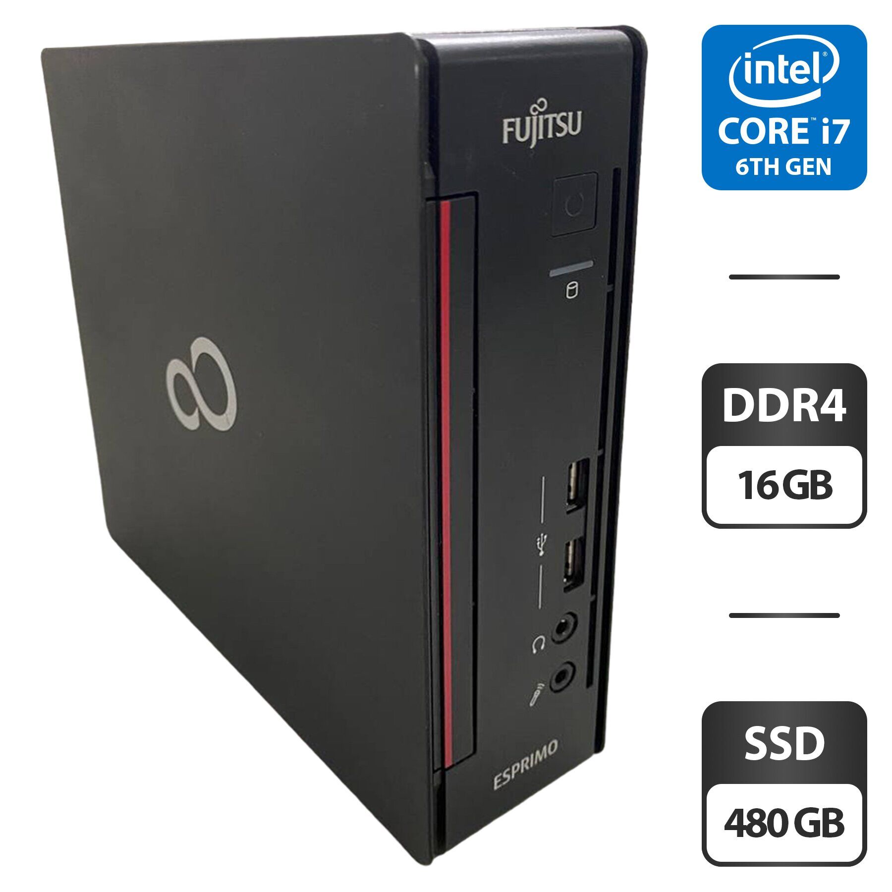 Неттоп Fujitsu Esprimo Q556 USFF / Intel Core i7-6700T (4 (8) ядра по 2.8 - 3.6 GHz) / 16 GB DDR4 / 480 GB SSD / Intel HD Graphics 530 / DisplayPort + Кабелі живлення в комплекті