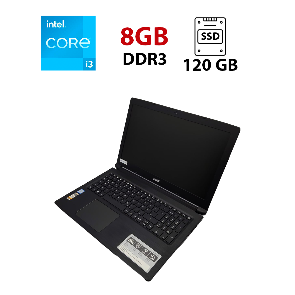 Ноутбук Acer Aspire A315 / 15.6" (1366x768) TN / Intel Core i3-7020U (2 (4) ядра по 2.3 GHz) / 8 GB DDR4 / 120 GB SSD / Intel HD Graphics 620 / WebCam