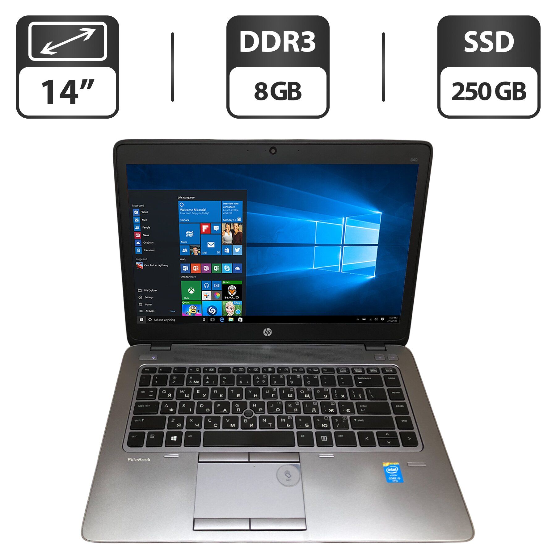 Ноутбук Б-клас HP EliteBook 840 G2 / 14" (1600x900) TN / Intel Core i5-5300U (2 (4) ядра по 2.3 - 2.9 GHz) / 8 GB DDR3 / 250 GB SSD / Intel HD Graphics 5500 / WebCam