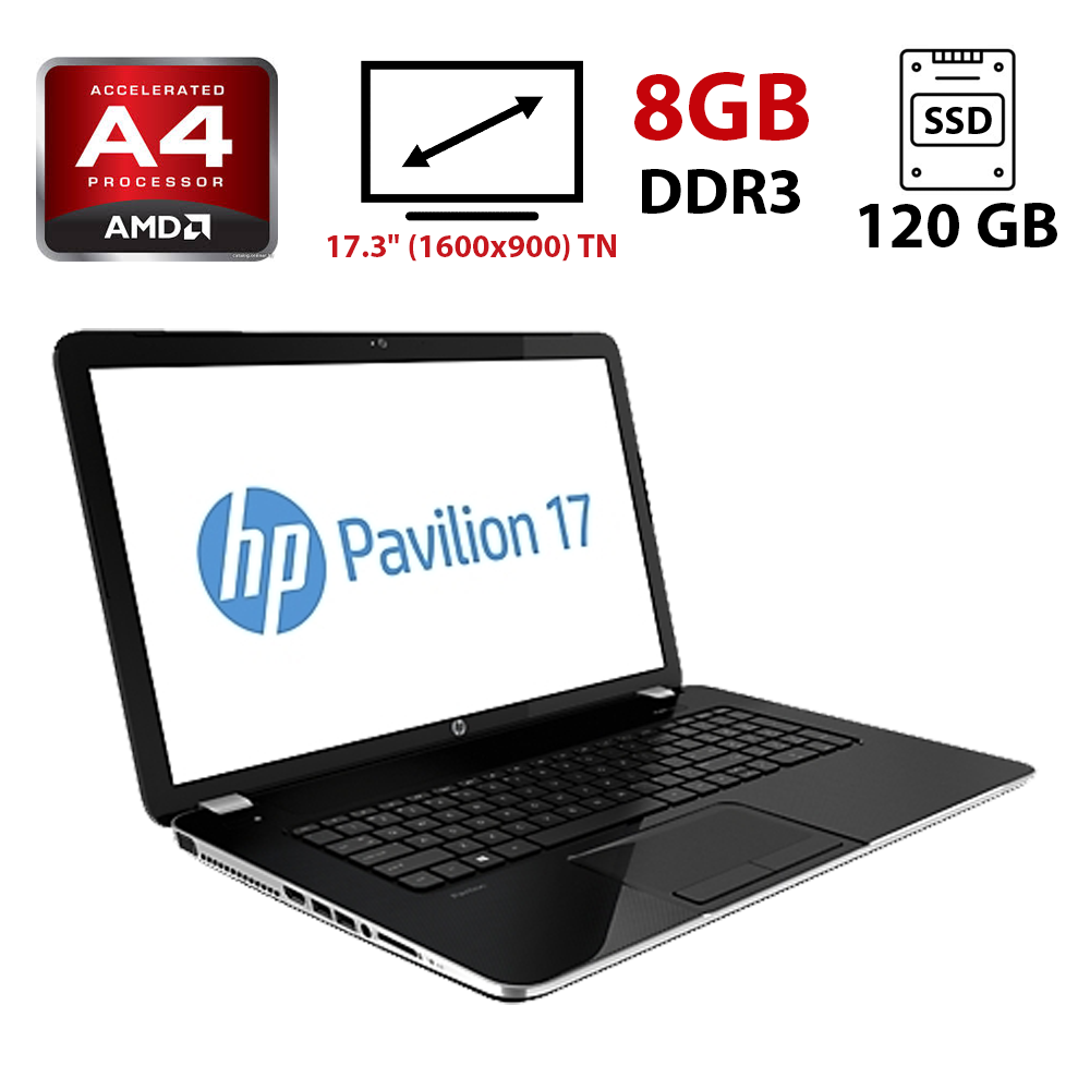Ноутбук Б-клас HP Pavilion 17 / 17.3" (1600x900) TN / AMD A4-6210 (4 ядра по 1.8 GHz) / 8 GB DDR3 / 120 GB SSD / AMD Radeon R3 Graphics / WebCam / АКБ відсутня