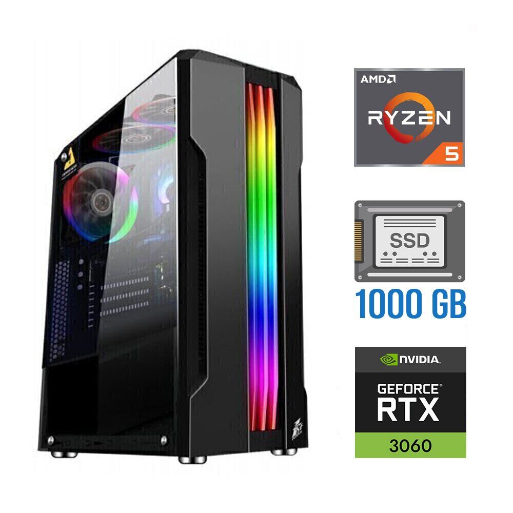 Новий ігровий ПК Tower / AMD Ryzen 5 5500 (6 (12) ядер по 3.6 - 4.2 GHz) / 32 GB DDR4 / 1000 GB SSD / nVidia GeForce RTX 3060, 12 GB GDDR6, 192-bit