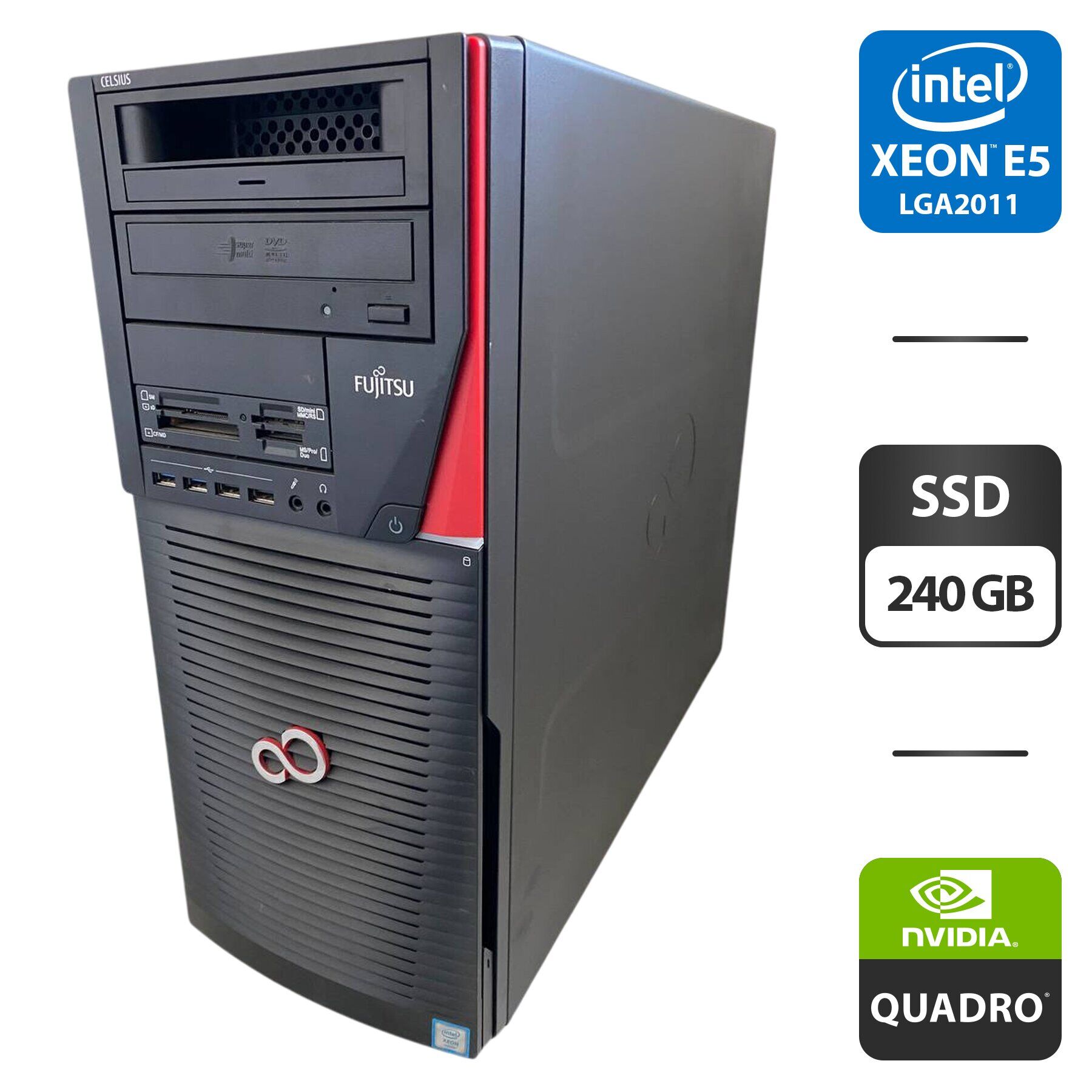 Робоча станція Fujitsu Celsius M740n Tower / Intel Xeon E5-2697 v3 (14 (28) ядер по 2.6 - 3.6 GHz) / 32 GB DDR4 / 240 GB SSD / nVidia Quadro K2200, 4 GB GDDR5, 128-bit / DVD-ROM