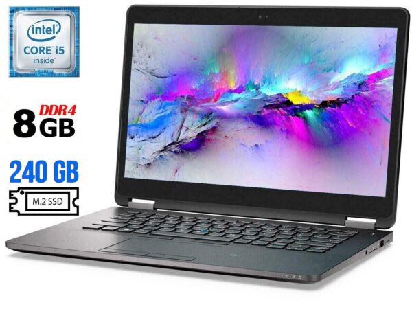 Ультрабук Б-клас Dell Latitude E7470 / 14" (1920x1080) IPS / Intel Core i5-6300U (2 (4) ядра по 2.4 - 3.0 GHz) / 8 GB DDR4 / 240 GB SSD M.2 / Intel HD Graphics 520 / WebCam / HDMI / miniDP / Windows 10 ліцензія
