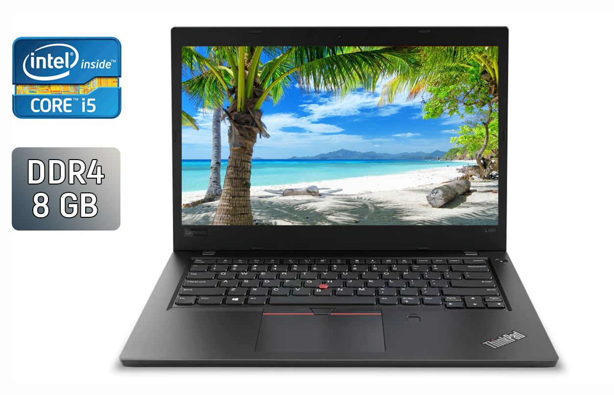Ультрабук Б-клас Lenovo ThinkPad L480 / 14" (1366x768) TN / Intel Core i5-8250U (4 (8) ядра по 1.6 - 3.4 GHz) / 8 GB DDR4 / 240 GB SSD / Intel UHD Graphics 620 / WebCam / TouchID / Windows 10