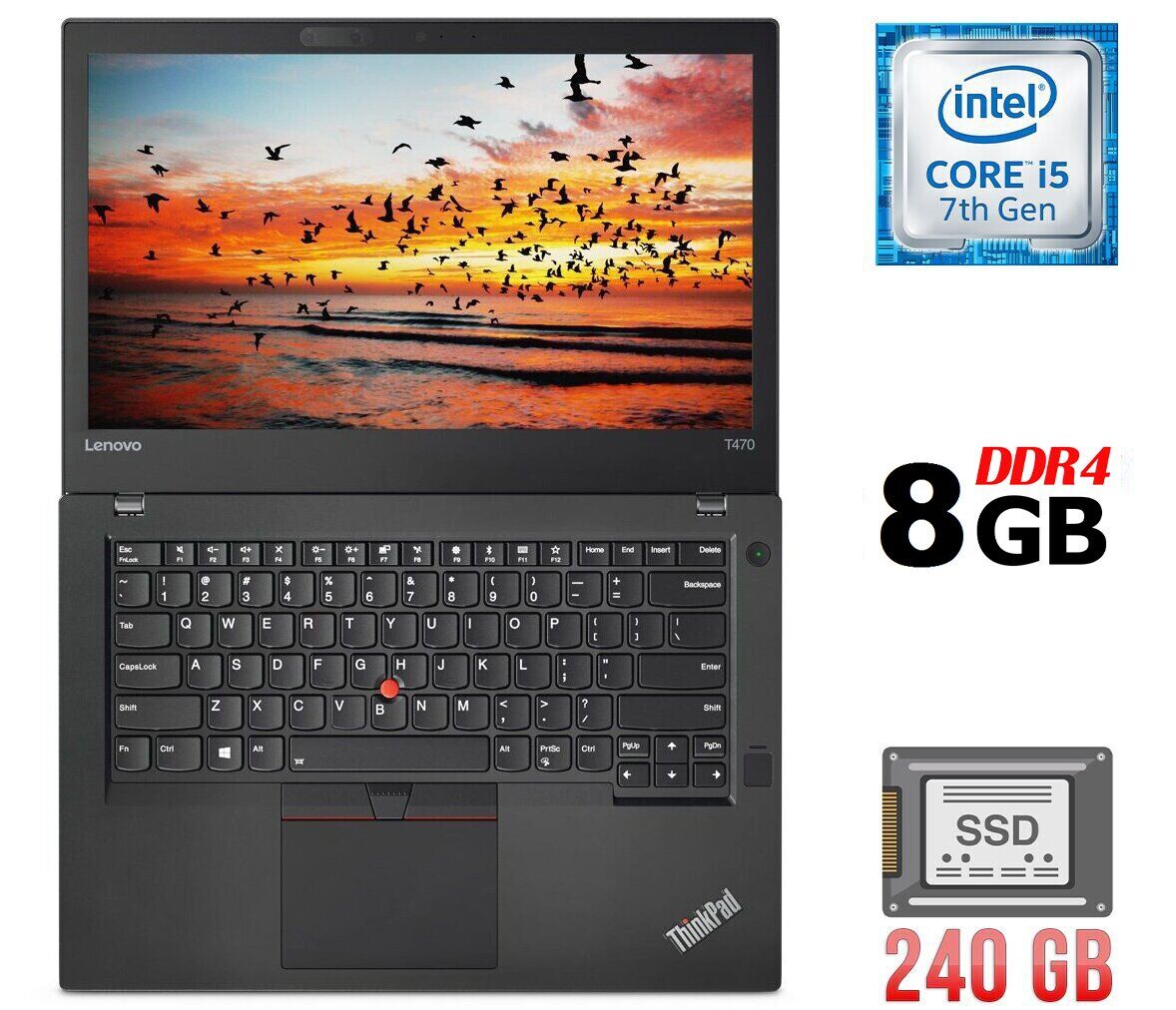 Ультрабук Б-клас Lenovo ThinkPad T470 / 14" (1366x768) TN / Intel Core i5-7300U (2 (4) ядра по 2.6 - 3.5 GHz) / 8 GB DDR4 / 240 GB SSD / Intel HD Graphics 620 / WebCam / Fingerprint / USB 3.1 / HDMI