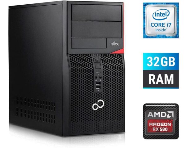 Ігровий ПК Fujitsu Tower / Intel Core i7-6700 (4 (8) ядра по 3.4 - 4.0 GHz) / 32 GB DDR4 / 500 GB SSD + 1000 GB HDD / AMD Radeon RX 580, 8 GB GDDR5, 256-bit + Windows 10 в подарунок