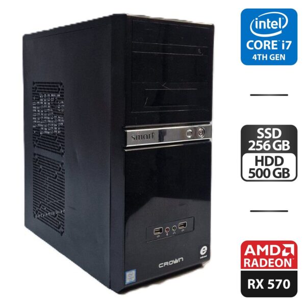 Комп'ютер Crown SM601 Black Tower / Intel Core i7-4790S (4 (8) ядра по 3.2 - 4.0 GHz) / 16 GB DDR3 / 256 GB SSD + 500 GB HDD / AMD Radeon RX 570, 4 GB GDDR5, 256-bit / 450W