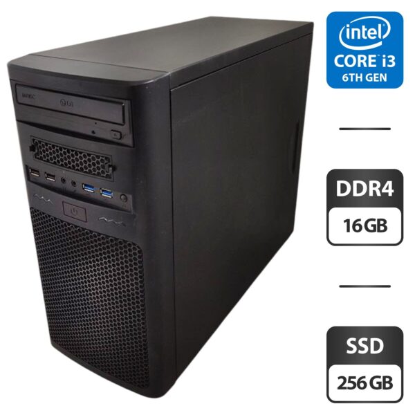 Комп'ютер Inter-Tech Tower / Intel Core i3-6100 (2 (4) ядра по 3.7 GHz) / 16 GB DDR4 / 256 GB SSD / Intel HD Graphics 530