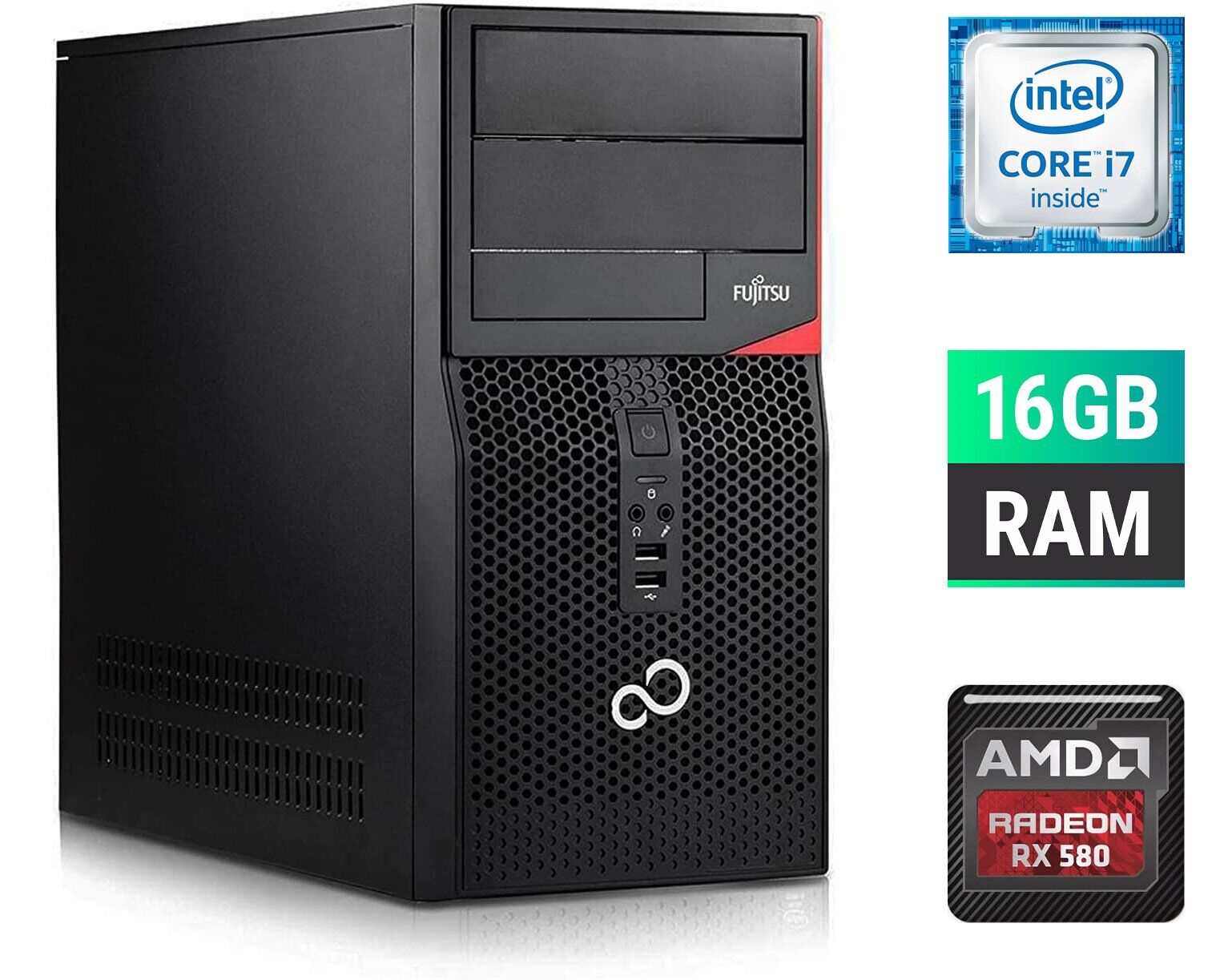 Ігровий ПК Fujitsu Tower / Intel Core i7-6700 (4 (8) ядра по 3.4 - 4.0 GHz) / 16 GB DDR4 / 250 GB SSD + 1000 GB HDD / AMD Radeon RX 580, 8 GB GDDR5, 256-bit + Windows 10 в подарунок