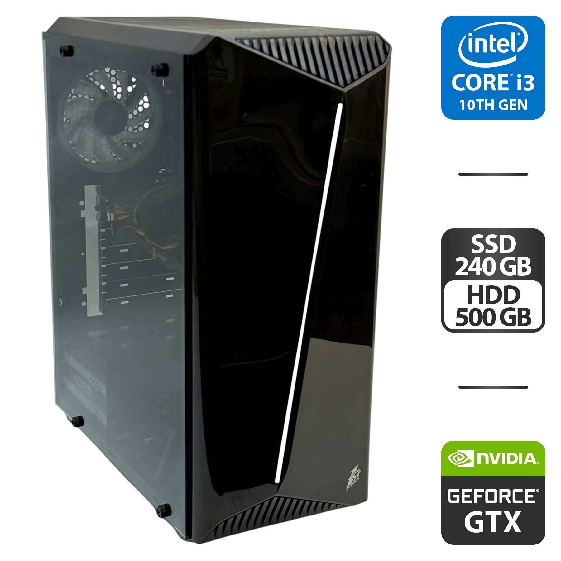 Комп'ютер 1stPlayer Black with window Tower / Intel Core i3-10100F (4 (8) ядра по 3.6 - 4.3 GHz) / 16 GB DDR4 / 240 GB SSD + 500 GB HDD / nVidia GeForce GTX 660, 2 GB GDDR5, 192-bit / 400W