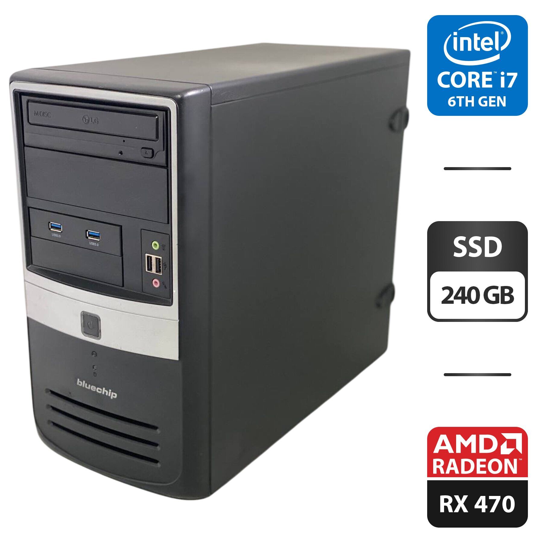 Комп'ютер BlueChip Tower / Intel Core i7-6700 (4 (8) ядра по 3.4 - 4.0 GHz) / 16 GB DDR4 / 240 GB SSD / AMD Radeon RX 470, 4 GB GDDR5, 256-bit / DVD-ROM