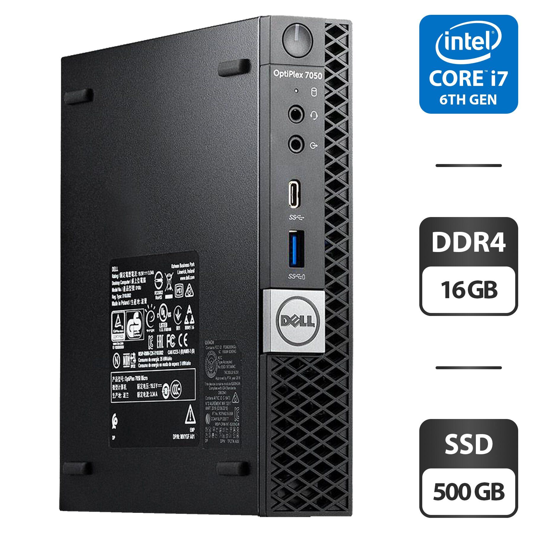 Неттоп Dell OptiPlex 7050 Micro USFF / Intel Core i7-6700T (4 (8) ядра по 2.8 - 3.6 GHz) / 16 GB DDR4 / 500 GB SSD / Intel HD Graphics 530 + Блок живлення
