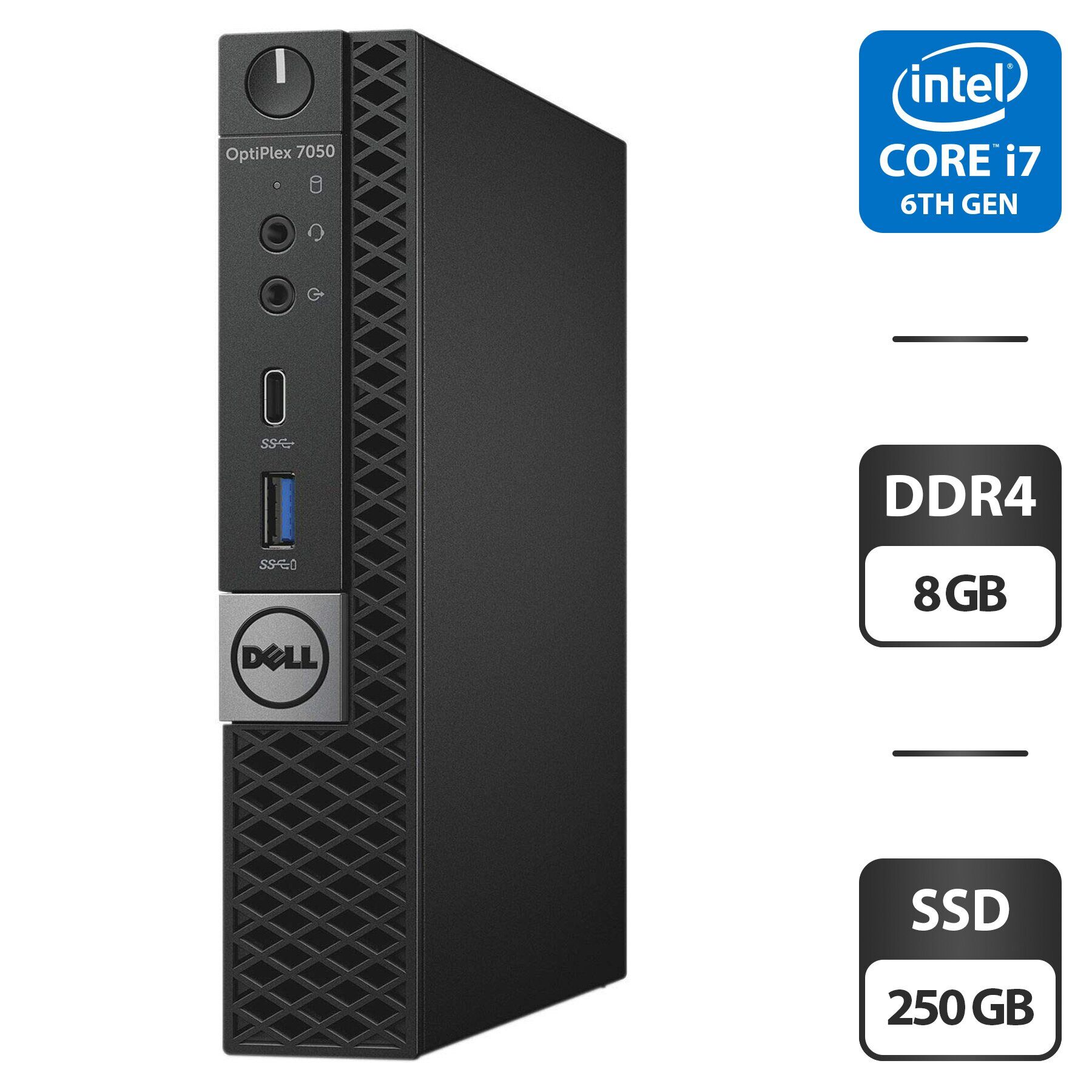 Неттоп Dell OptiPlex 7050 Micro USFF / Intel Core i7-6700T (4 (8) ядра по 2.8 - 3.6 GHz) / 8 GB DDR4 / 250 GB SSD / Intel HD Graphics 530 + Блок живлення
