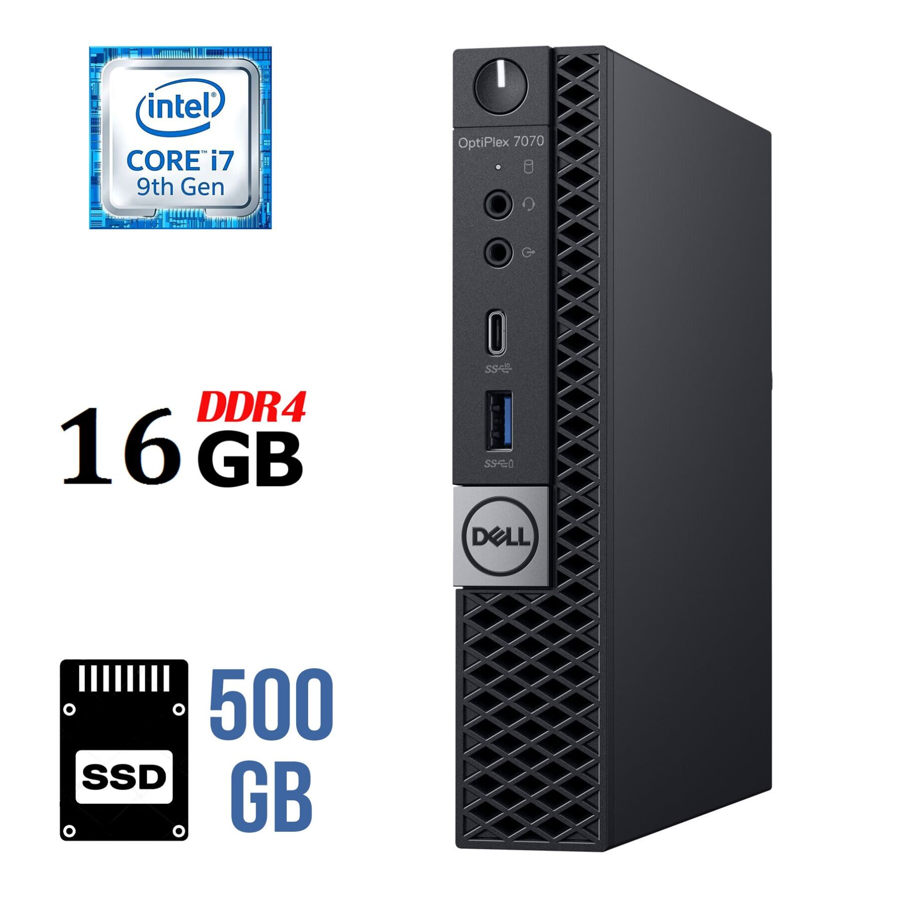 Неттоп Dell OptiPlex 7070 Micro USFF / Intel Core i7-9700T (8 ядер по 2.0 - 4.3 GHz) / 16 GB DDR4 / 500 GB SSD / Intel UHD Graphics 630 / DisplayPort + Блок живлення