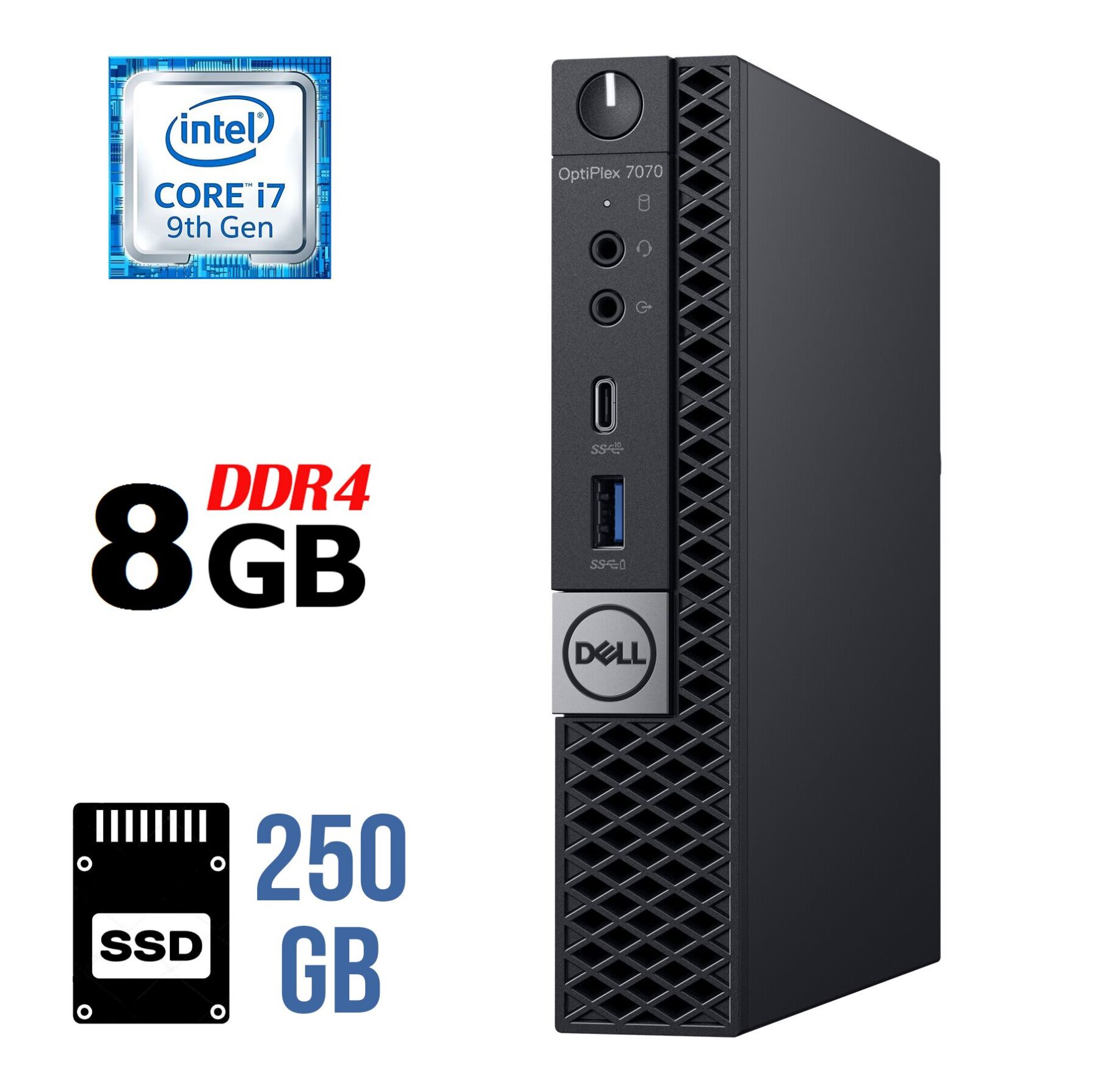 Неттоп Dell OptiPlex 7070 Micro USFF / Intel Core i7-9700T (8 ядер по 2.0 - 4.3 GHz) / 8 GB DDR4 / 250 GB SSD / Intel UHD Graphics 630 / DisplayPort + Блок живлення