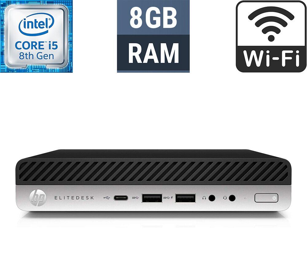 Неттоп HP EliteDesk 800 G4 Desktop Mini USFF / Intel Core i5-8600T (6 ядер по 2.3 - 3.7 GHz) / 8 GB DDR4 / 250 GB SSD / Intel UHD Graphics 630 / Wi-Fi + Блок живлення