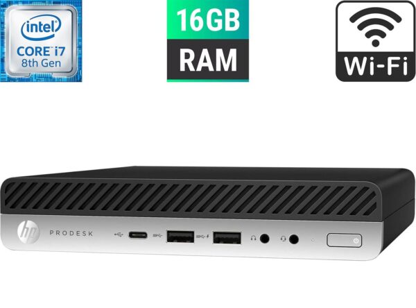 Неттоп HP ProDesk 600 G4 Desktop Mini USFF / Intel Core i7-8700T (6 (12) ядер по 2.4 - 4.0 GHz) / 16 GB DDR4 / 250 GB SSD / Intel UHD Graphics 630 / Wi-Fi + Блок живлення