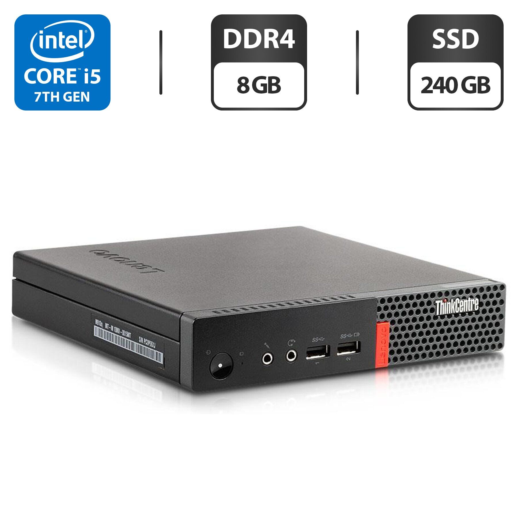 Неттоп Lenovo ThinkCentre M910q Tiny USFF / Intel Core i5-7500T (4 ядра по 2.7 - 3.3 GHz) / 8 GB DDR4 / 240 GB SSD / Intel HD Graphics 630 + Блок живлення