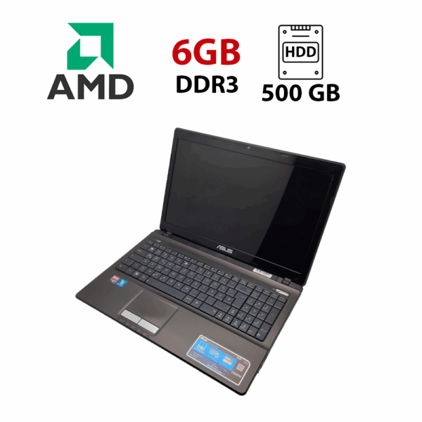 Ноутбук Asus K53 / 15.6" (1366x768) TN / AMD A6-3420M (4 ядра по 1.5 - 2.4 GHz) / 6 GB DDR3 / 500 GB HDD / AMD Radeon HD 6520G Graphics / WebCam / VGA