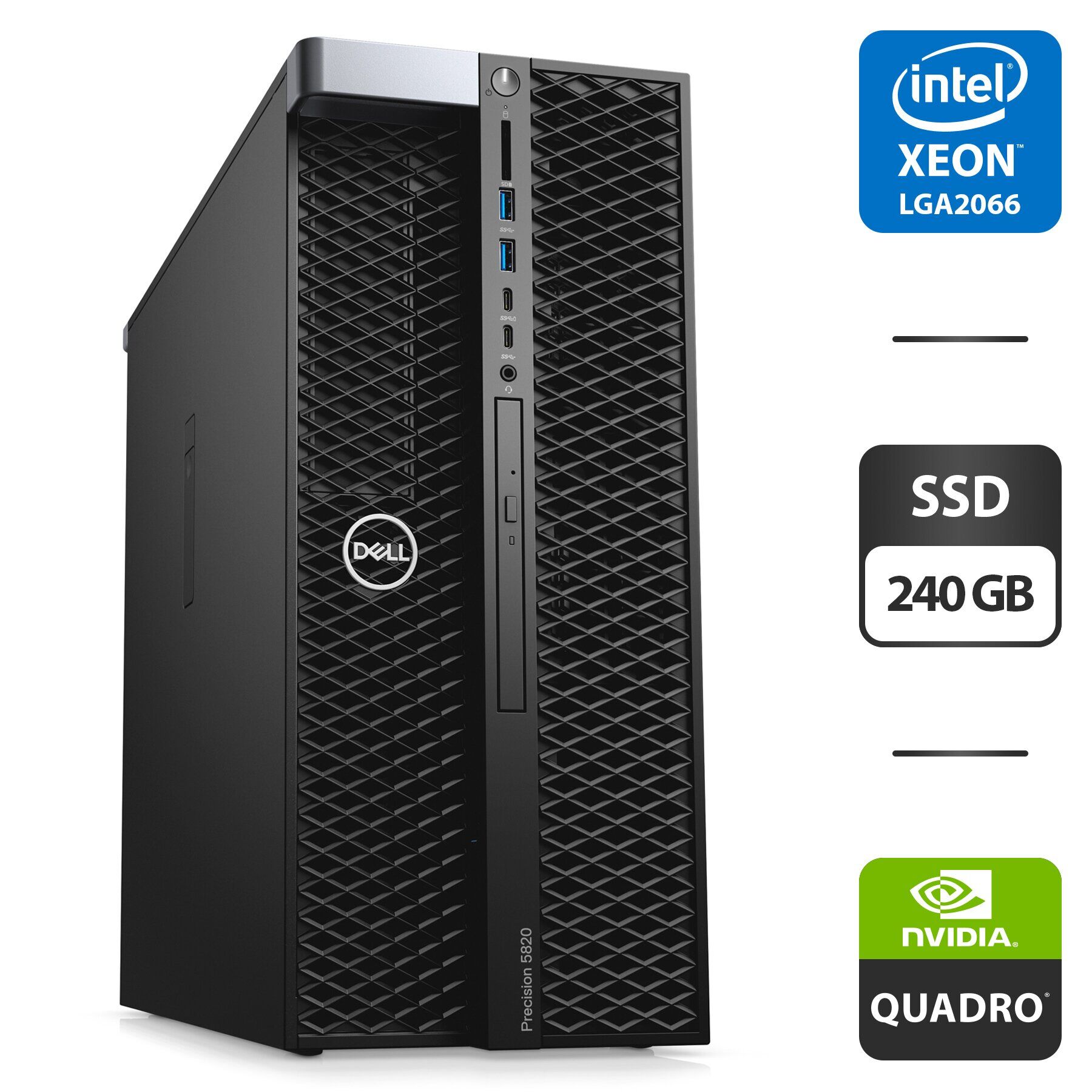 Робоча станція Dell Precision 5820 Tower / Intel Xeon W-2123 (4 (8) ядра по 3.6 - 3.9 GHz) / 32 GB DDR4 / 240 GB SSD / nVidia Quadro P2000, 5 GB GDDR5, 160-bit / DVD-ROM