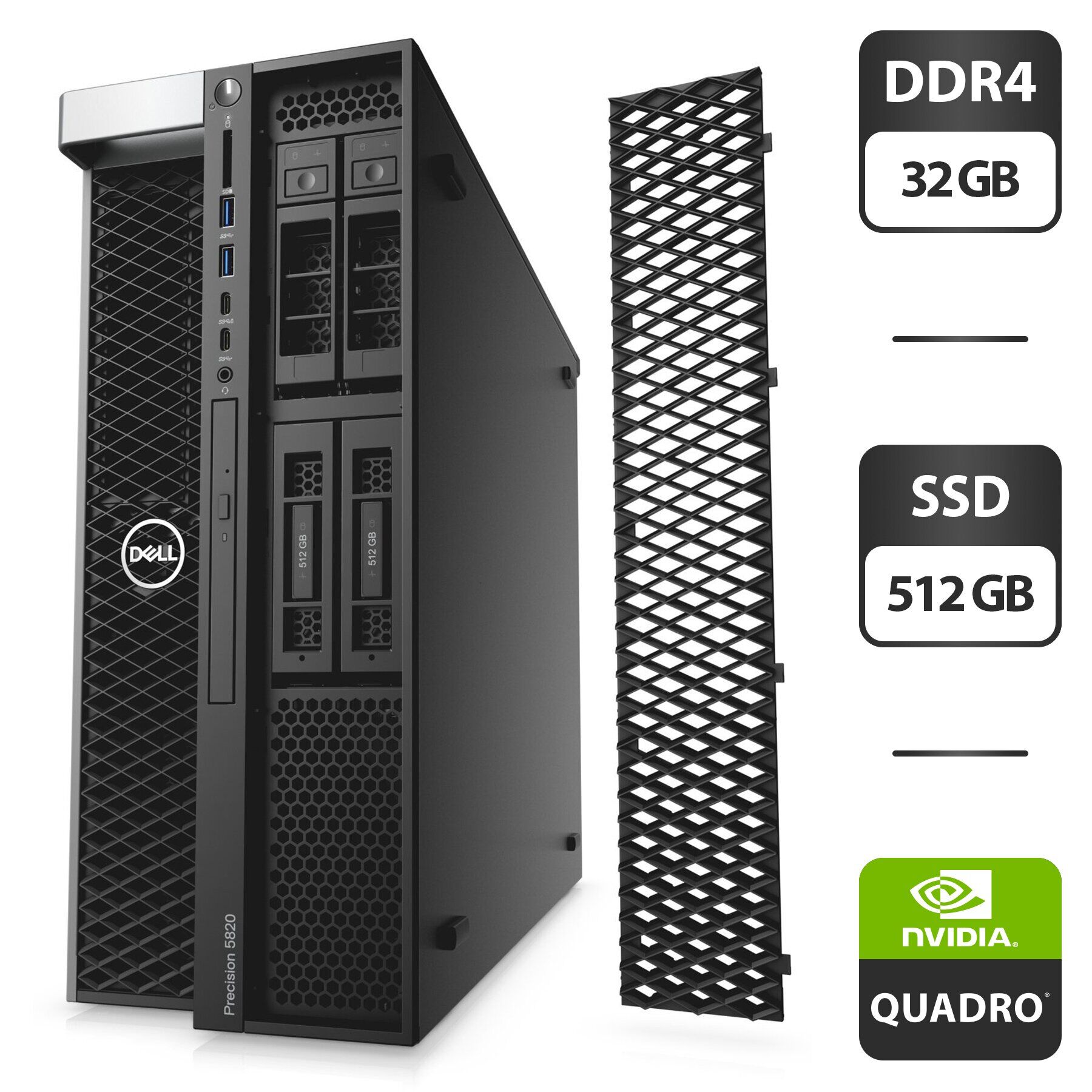 Робоча станція Dell Precision 5820 Tower / Intel Xeon W-2123 (4 (8) ядра по 3.6 - 3.9 GHz) / 32 GB DDR4 / 512 GB SSD / nVidia Quadro P2000, 5 GB GDDR5, 160-bit / DVD-ROM